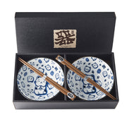 Bowl Set 2pcs with Chopsticks Maneki Cat Blue Design V637-RW0001