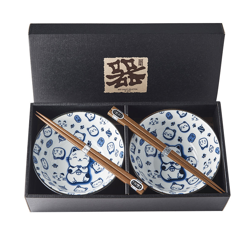 Bowl Set 2pcs with Chopsticks Maneki Cat Blue Design V637-RW0001