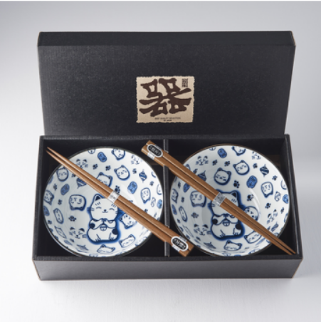 Bowl Set 2pcs with Chopsticks Maneki Cat Blue Design V637-RW0001