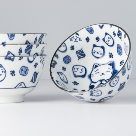 Bowl Set 4pcs Maneki Cat Blue Design V637-RW0002