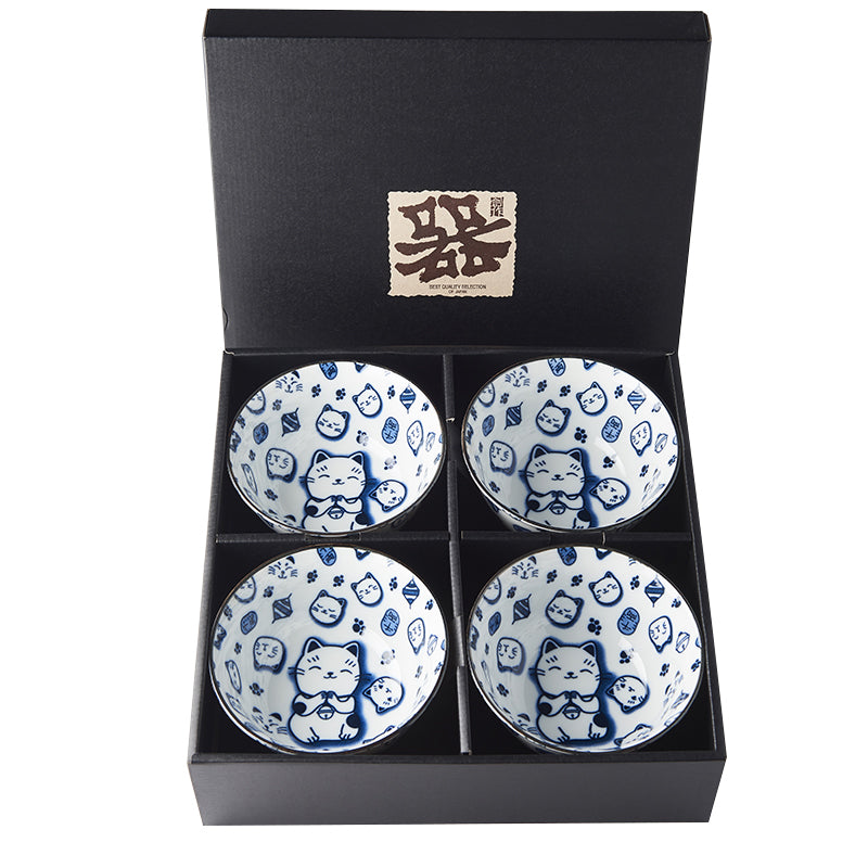 Bowl Set 4pcs Maneki Cat Blue Design V637-RW0002