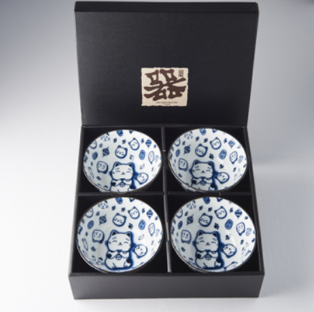 Bowl Set 4pcs Maneki Cat Blue Design V637-RW0002