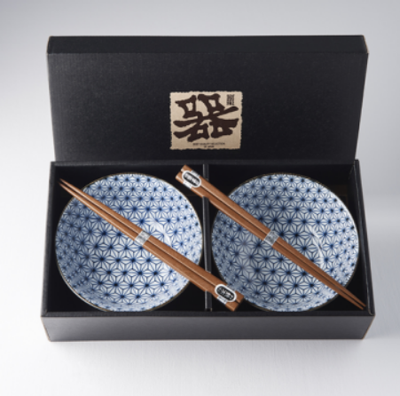 Bowl Set 2pcs with Chopsticks Starburst Blue Design V637-RW0003