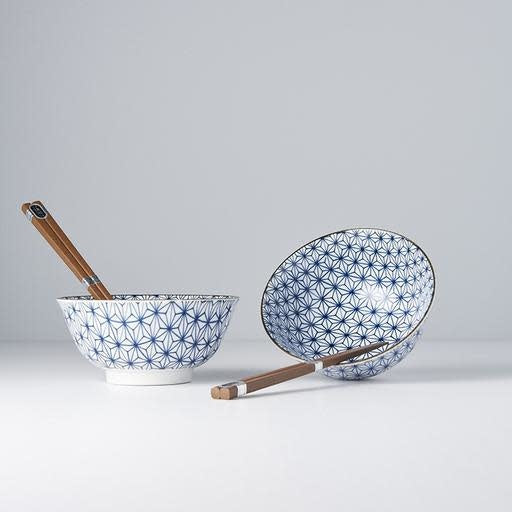 Bowl Set 2pcs with Chopsticks Starburst Blue Design V637-RW0003