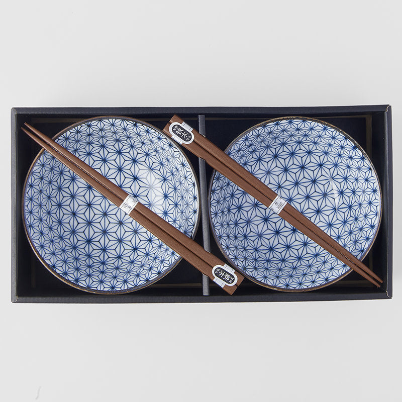 Bowl Set 2pcs with Chopsticks Starburst Blue Design V637-RW0003