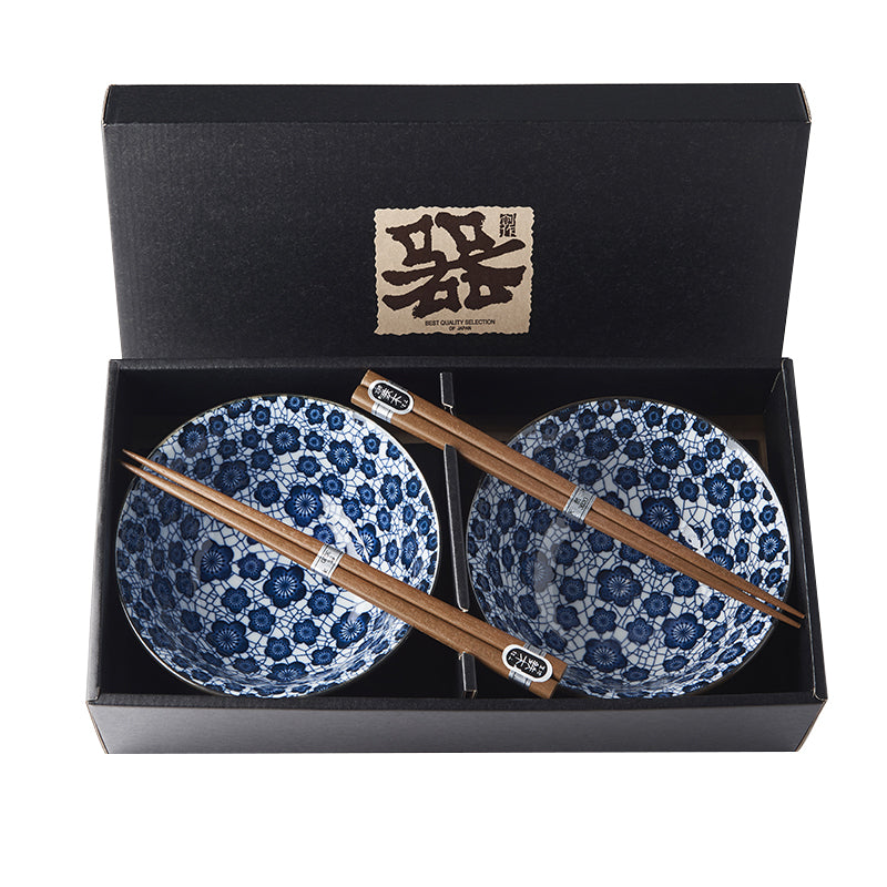 Bowl Set 2pcs with Chopsticks Blue Plum Design V637-RW0005