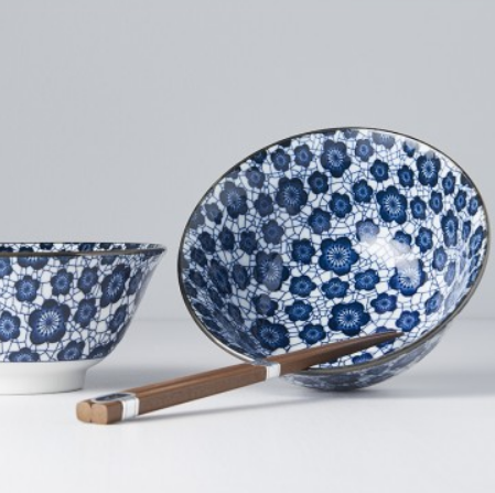 Bowl Set 2pcs with Chopsticks Blue Plum Design V637-RW0005