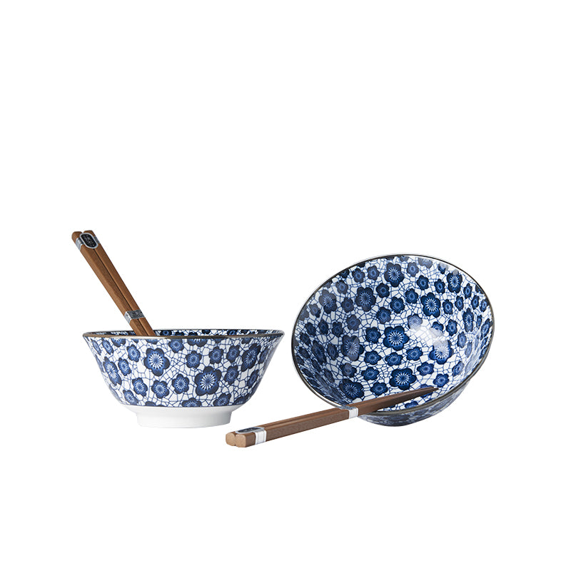 Bowl Set 2pcs with Chopsticks Blue Plum Design V637-RW0005