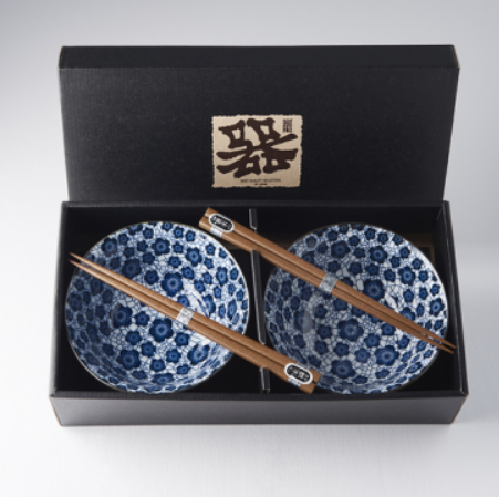 Bowl Set 2pcs with Chopsticks Blue Plum Design V637-RW0005