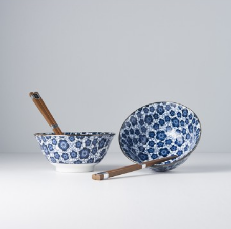 Bowl Set 2pcs with Chopsticks Blue Plum Design V637-RW0005
