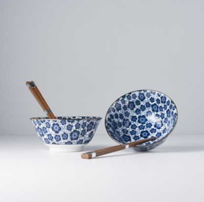 Bowl Set 2pcs with Chopsticks Blue Plum Design V637-RW0005