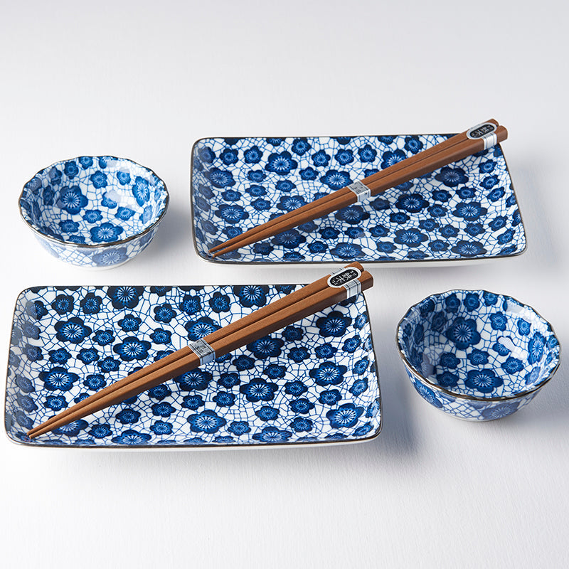 Sushi Set for Two with Chopsticks Black Blue Plum Design V637-RW0007