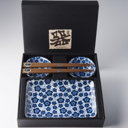 Sushi Set for Two with Chopsticks Black Blue Plum Design V637-RW0007