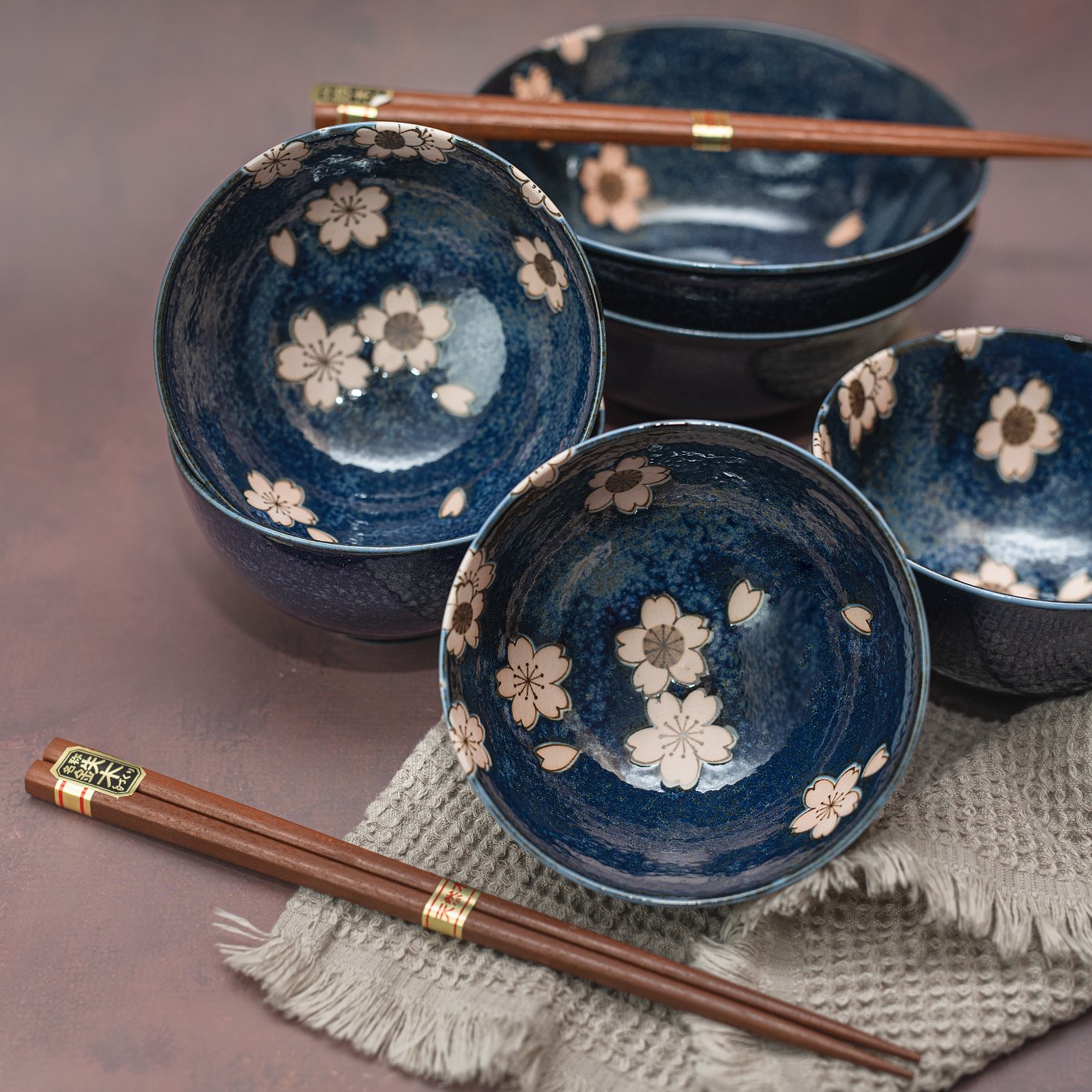 Bowl Set 4pcs Navy Pink Sakura Design V637-RW0018