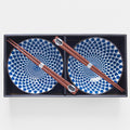 Bowl Set 2pcs with Chopsticks White Blue Teardrops Design V637-RW0022