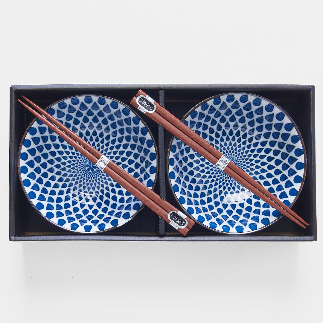 Bowl Set 2pcs with Chopsticks White Blue Teardrops Design V637-RW0022