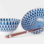 Bowl Set 2pcs with Chopsticks White Blue Teardrops Design V637-RW0022