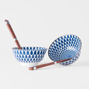 Bowl Set 2pcs with Chopsticks White Blue Teardrops Design V637-RW0022
