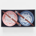 Bowl Set 2pcs with Chopsticks Red & Blue Cat Maneki Wave Design V637-RW0024