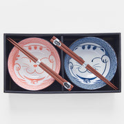 Bowl Set 2pcs with Chopsticks Red & Blue Cat Maneki Wave Design V637-RW0024