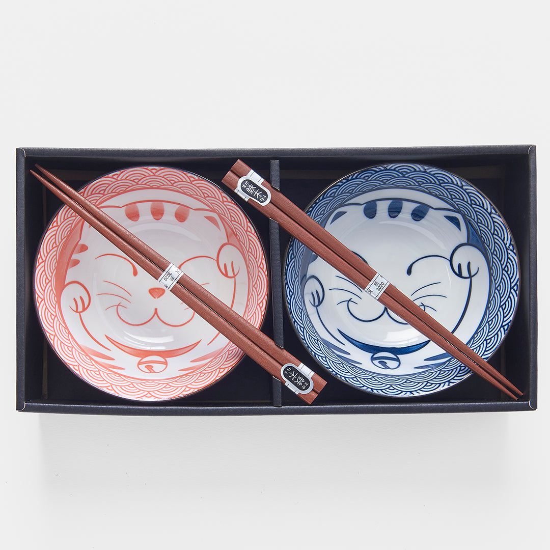 Bowl Set 2pcs with Chopsticks Red & Blue Cat Maneki Wave Design V637-RW0024