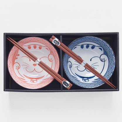 Bowl Set 2pcs with Chopsticks Red & Blue Cat Maneki Wave Design V637-RW0024