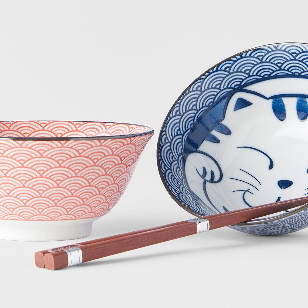 Bowl Set 2pcs with Chopsticks Red & Blue Cat Maneki Wave Design V637-RW0024