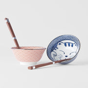 Bowl Set 2pcs with Chopsticks Red & Blue Cat Maneki Wave Design V637-RW0024