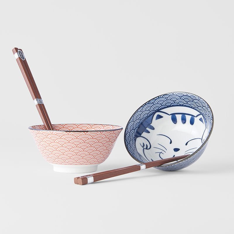 Bowl Set 2pcs with Chopsticks Red & Blue Cat Maneki Wave Design V637-RW0024