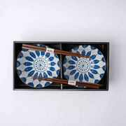 Bowl Set 2pcs with Chopsticks Indigo Sunflower Design V637-RW0040