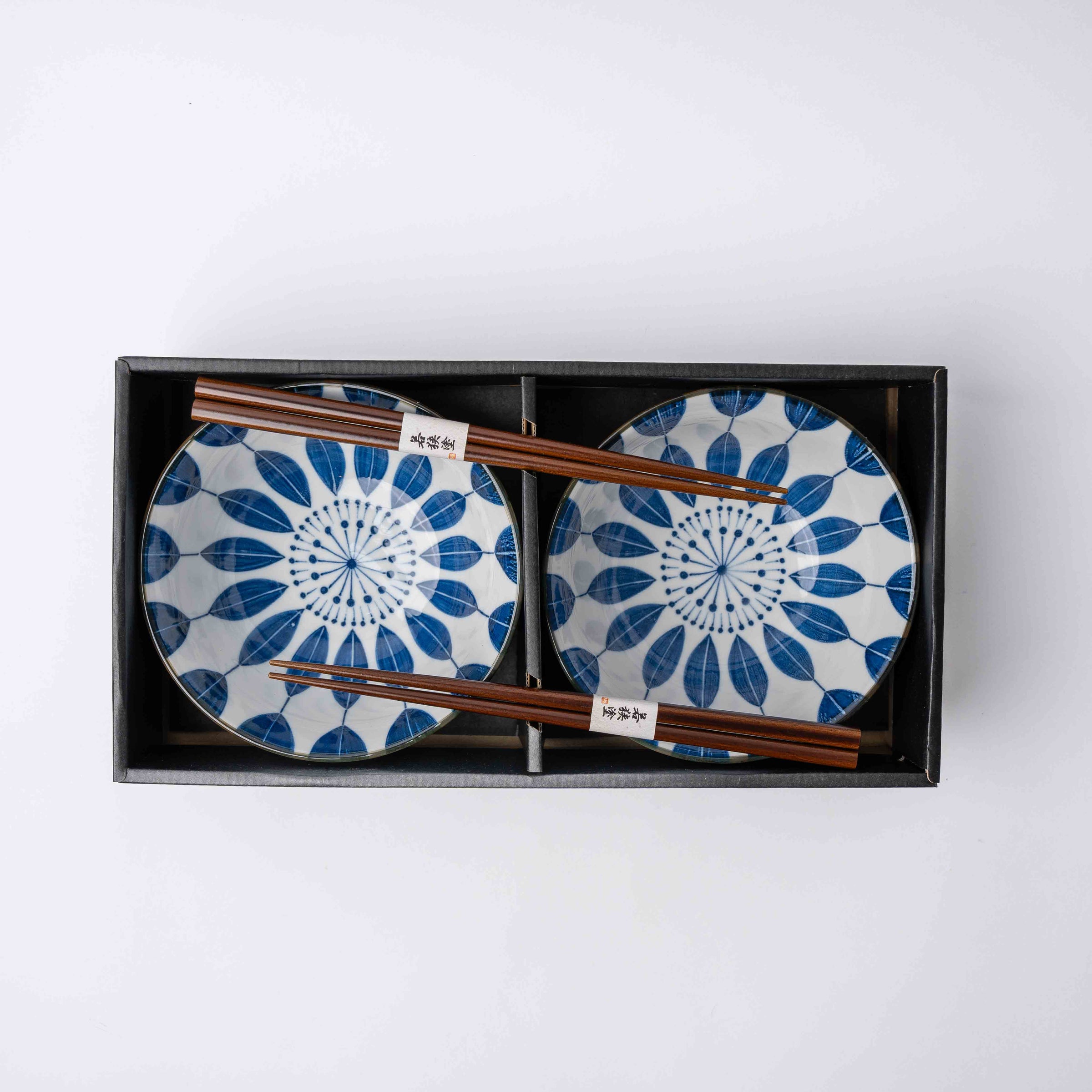 Bowl Set 2pcs with Chopsticks Indigo Sunflower Design V637-RW0040