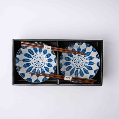 Bowl Set 2pcs with Chopsticks Indigo Sunflower Design V637-RW0040