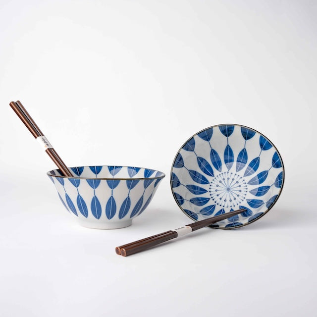 Bowl Set 2pcs with Chopsticks Indigo Sunflower Design V637-RW0040