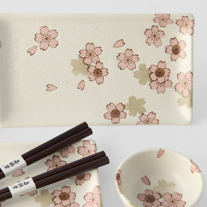 Sushi Set for Two with Chopsticks White With Pink Sakura Design V637-RW0053