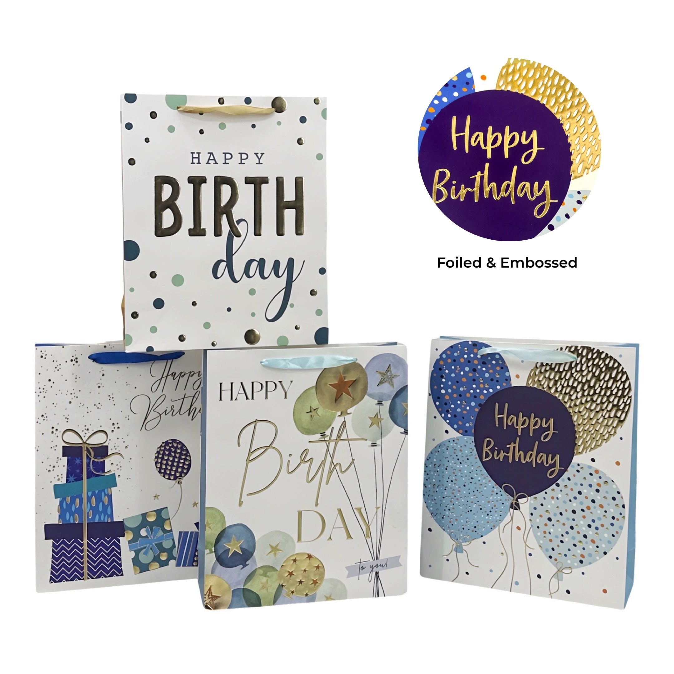 Bulk 24 Medium Foil & Embossed Birthday Gift Bag 4 Assort 17x23cm V637-WRP35465