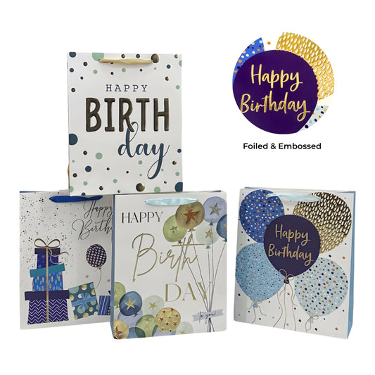 Bulk 24 Medium Foil & Embossed Birthday Gift Bag 4 Assort 17x23cm V637-WRP35465