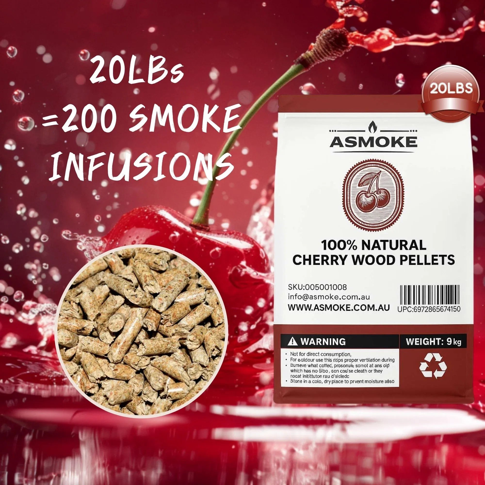 ASMOKE 100% Natural Cherry Wood BBQ Smoker Pellets (9kg / 20lbs) V642-20-LBS-9-5-KG-OF-100-PURE-CHERRY-PELLETS