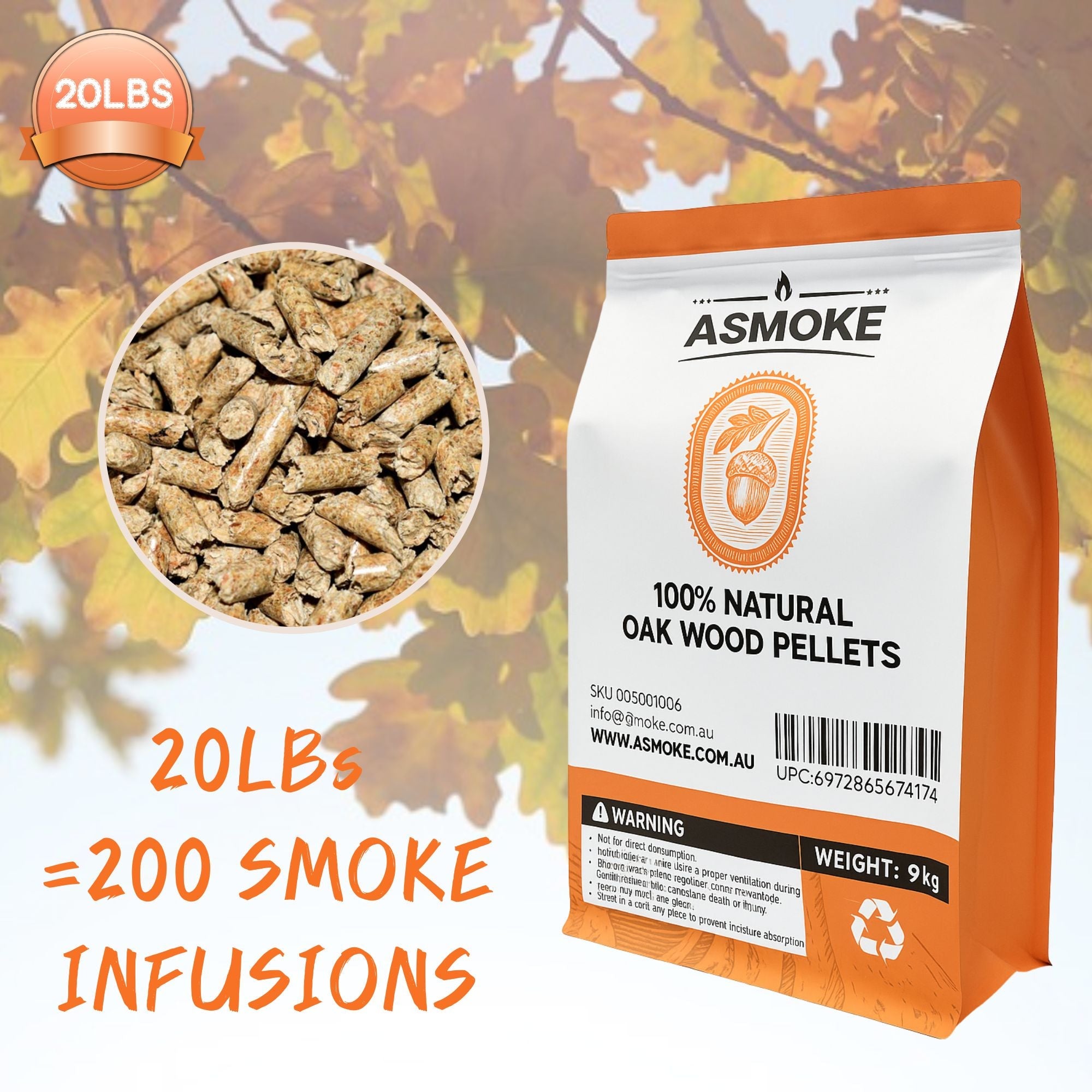 ASMOKE 100% Natural Premium Oak Wood BBQ Pellets for Smoker & Grill (9kg / 20lbs) V642-20-LBS-9-5-KG-OF-100-PURE-OAK-PELLETS-COPY