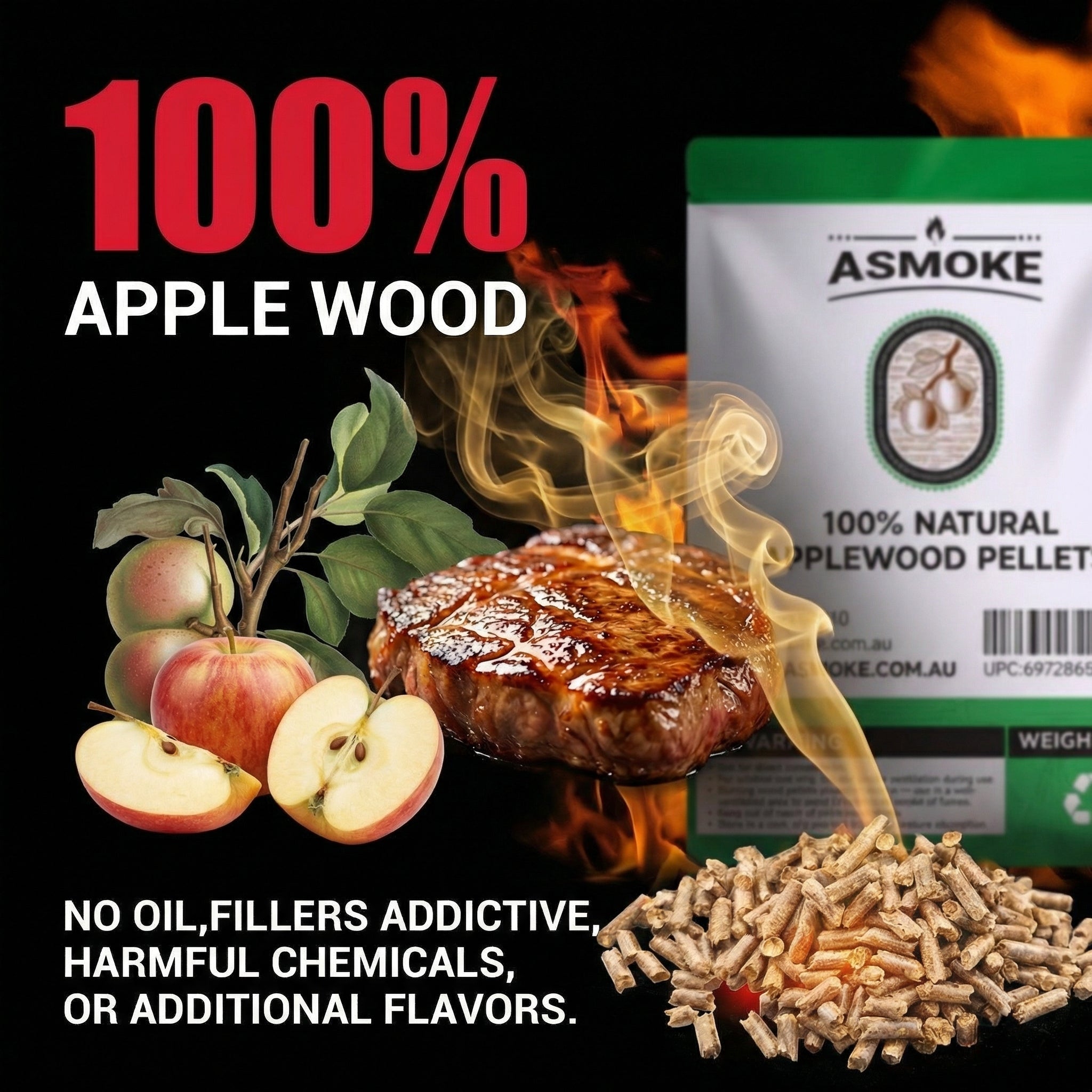 ASMOKE 100% Natural Apple Wood BBQ Smoker Pellets (2.27kg) - Premium Fruit Hardwood for Chicken & Pork V642-XFAS-AP-WO-PEL-5LB