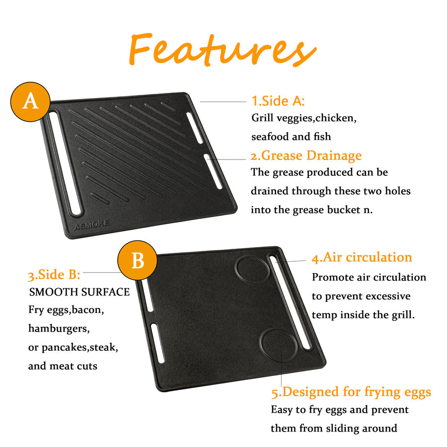 ASMOKE Pre-Seasoned Matte Enamel Cast Iron Reversible Grill/Griddle V642-XFAS-AS300-350-BBQ-PLT