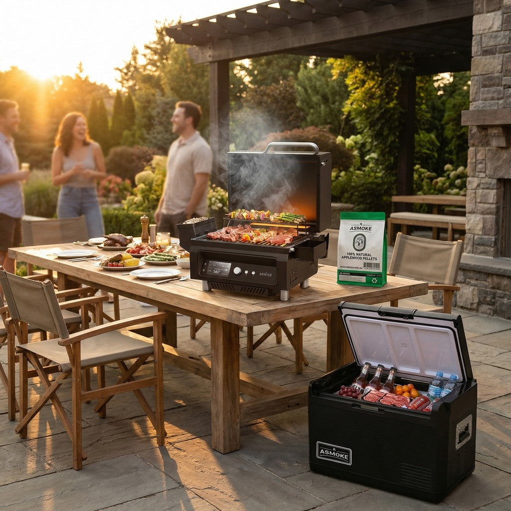 ASMOKE Essential Portable Wood Pellet Grill & 47L Mini Fridge Bundle + 5lb Apple Wood Pellets V642-XFAS-BNDL-ESS-GRL-FDG47-AP5