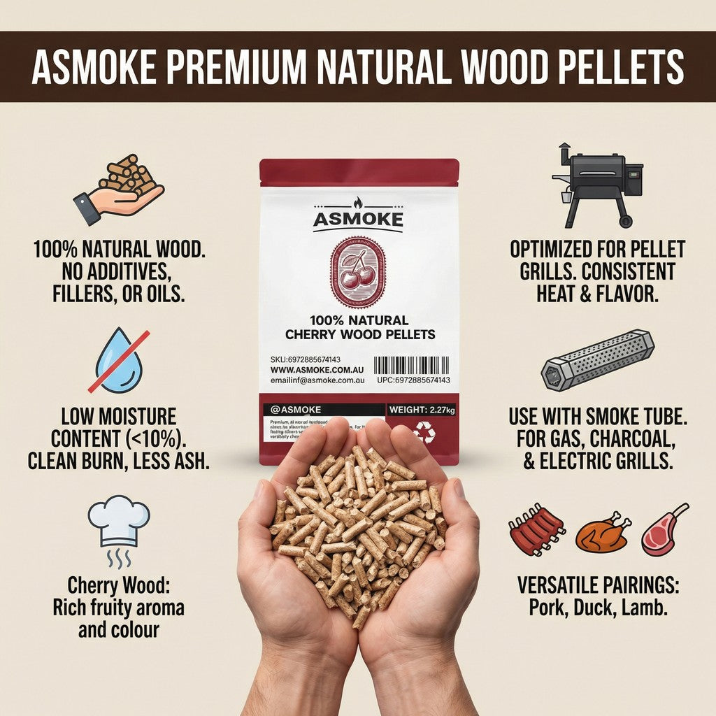 ASMOKE 19kg (40lbs) Premium Cherry Wood BBQ Smoker Pellets Bulk Bundle (8 x 2.27kg Bags) V642-XFAS-CHERRY-WO-PEL-5LBSX8