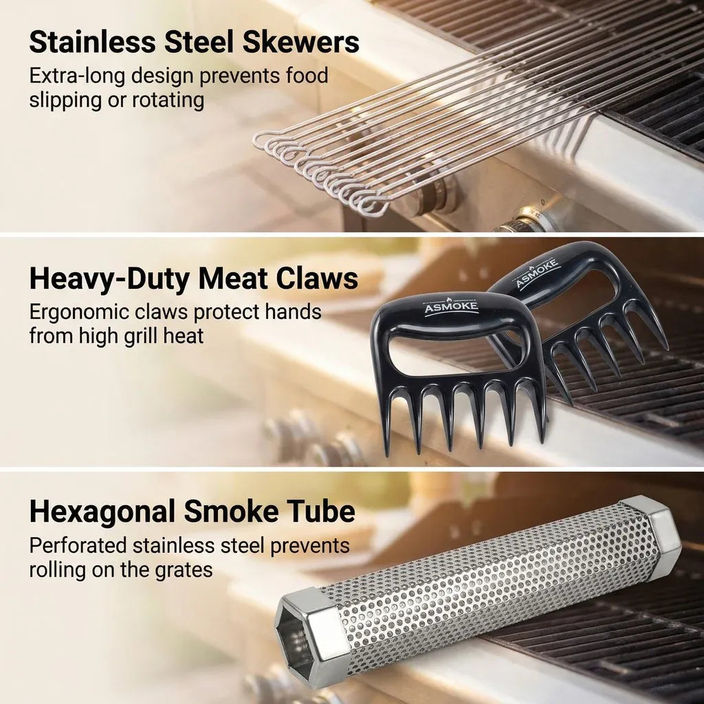 ASMOKE Essential Smart Portable Wood Pellet Grill & Pitmaster Accessory Bundle - Includes 10x Skewers, V642-XFAS-ESS-GRL-MCLSMTMS-AP20LB