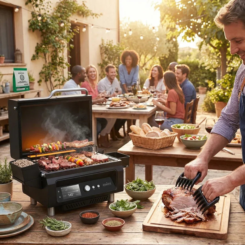 ASMOKE Essential Smart Portable Wood Pellet Grill & Pitmaster Accessory Bundle - Includes 10x Skewers, V642-XFAS-ESS-GRL-MCLSMTMS-AP20LB