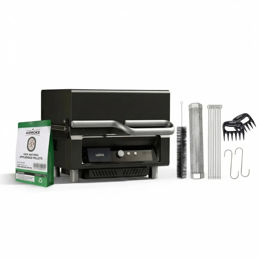 ASMOKE Essential Smart Portable Wood Pellet Grill & 3pc BBQ Tool Set & 5lb Applewood Pellets V642-XFAS-ESS-GRL-MCLSMTMS-AP5LB