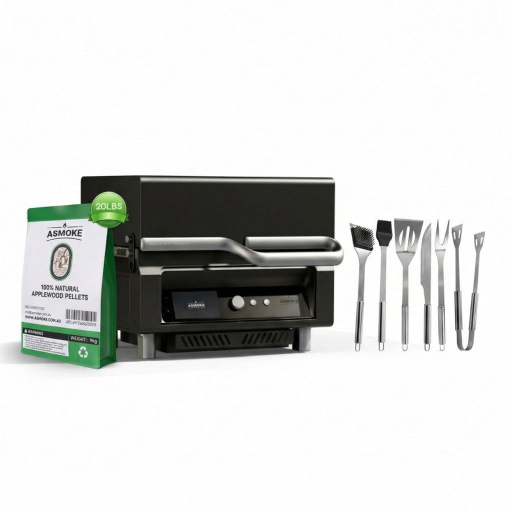 ASMOKE Essential Portable Smart Wood Pellet Grill Smoker & 6pc BBQ Tool Set + 20lb Applewood Pellets Bundle V642-XFAS-ESS-GRL-TLK6-AP20LB