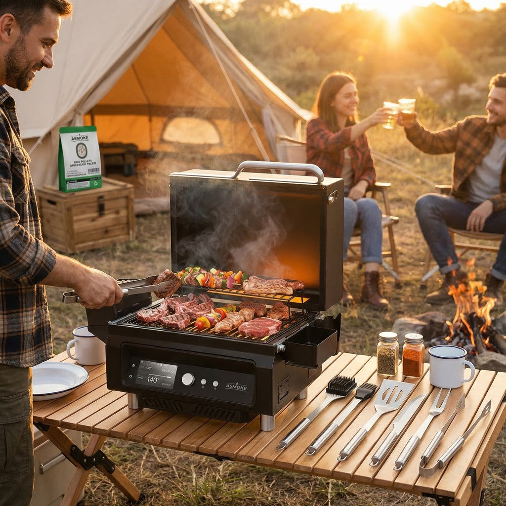 ASMOKE Essential Portable Smart Wood Pellet Grill Smoker & 6pc BBQ Tool Set + 20lb Applewood Pellets Bundle V642-XFAS-ESS-GRL-TLK6-AP20LB