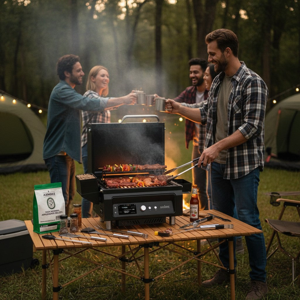 ASMOKE Essential Portable Smart Wood Pellet Grill Smoker & 6pc BBQ Tool Set + 5lb Applewood Pellets Bundle V642-XFAS-ESS-GRL-TLK6-AP5LB
