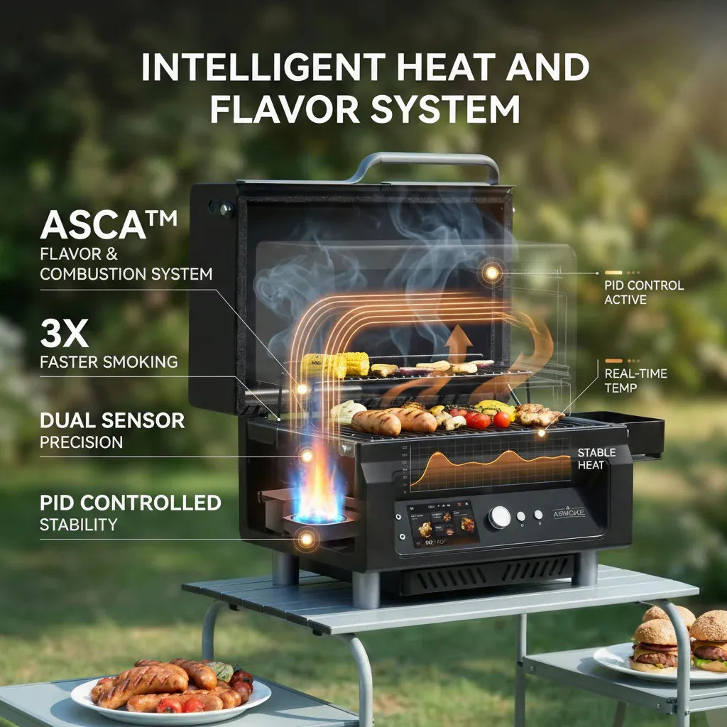 ASMOKE Essential Portable Wireless Pellet Smoker - Battery Powered 8-in-1 Mini BBQ Grill with Smart Temp V642-XFAS-GRL-GRY