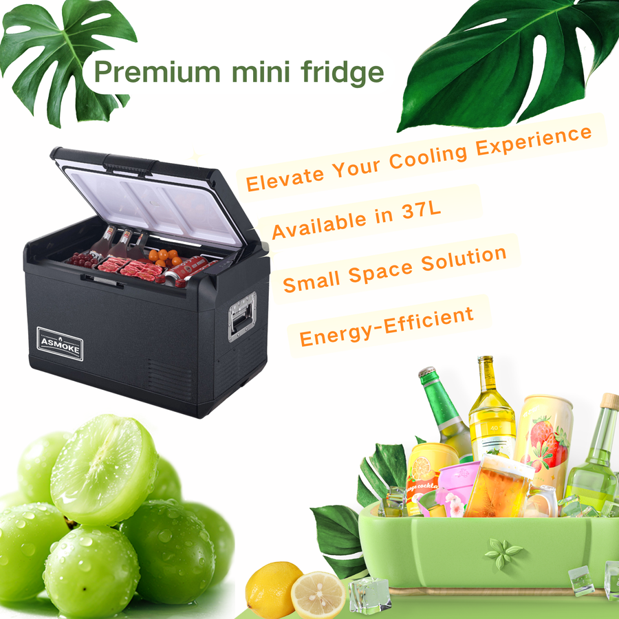 ASMOKE Premium Mini Fridge | 37L Compact Refrigerator with Roll-Bond Evaporator & Internal Light for Camping, V642-XFAS-MINI-FDG-37L